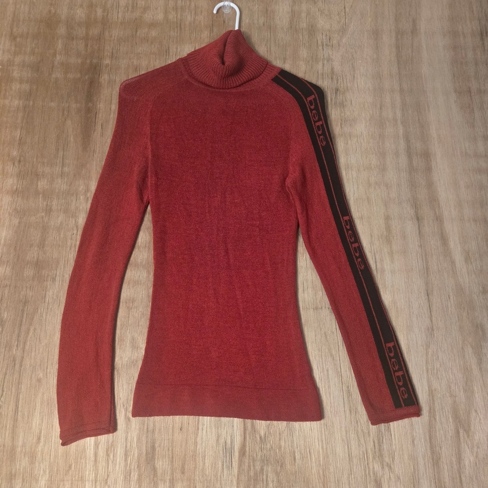 Bebe Red Turtleneck Sweater Logo Sleeve Stripe Made in Italy Size Medium
